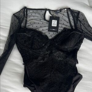 Fashion Nova Black Lace & Mesh Long Sleeve Bodysuit